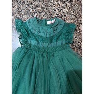 Colorful Childhood Girl Emerald Green Lace Tulle Party Dress Sz 6 Flutter Sleeve